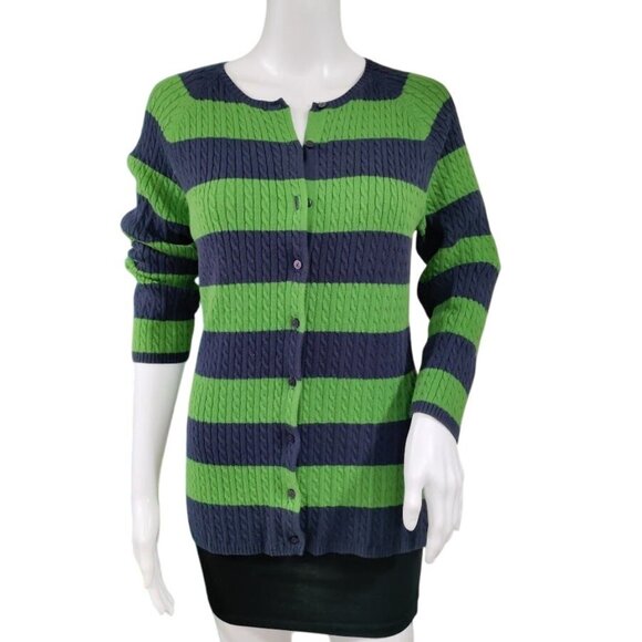 L.L. Bean Vintage Womens Striped Green & Navy Button-Up Cardigan Sweater L - Picture 2 of 12